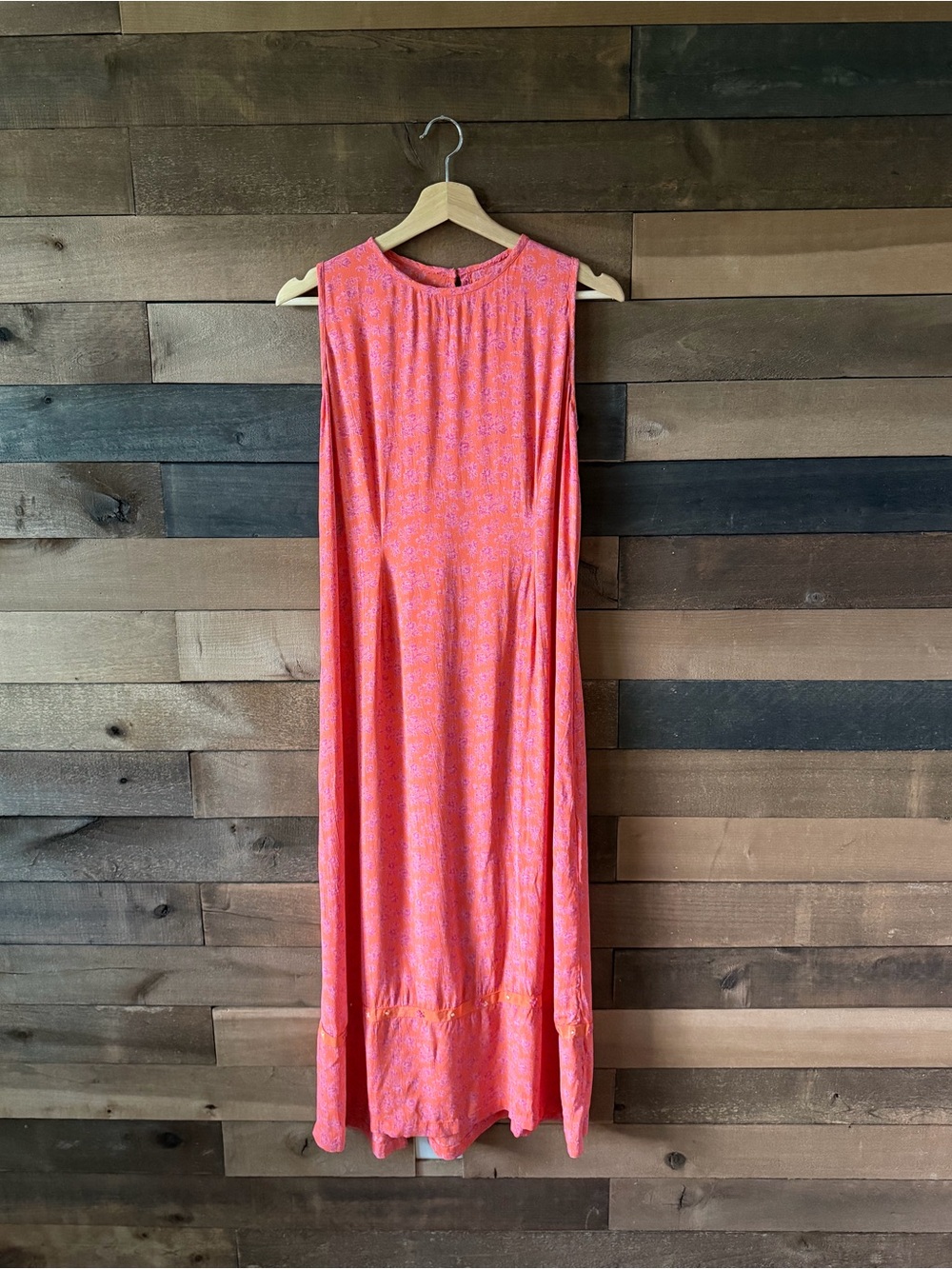 Vintage Floral Maxi Dress Coral Pink Sleeveless Tie Back Boho Medium